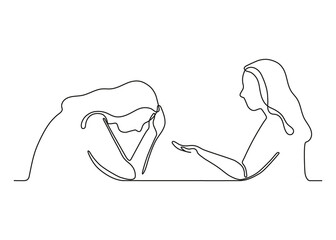 Talk, support woman, help conversation in psychological problem, continuous one line drawing. Girl comforts sad friend. Crisis therapy, counselling for people under stress, depression. Vector outline