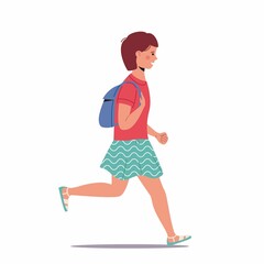 Little girl in skirt run to school. Pupil Character in Uniform and School bag isolated on white. Child with backpack. Back to school. Sport, active lifestyle. Vector illustration
