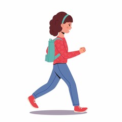 Little girl run to school. Pupil Character in Uniform and Schoolbag isolated on white. Child with backpack. Back to school. Vector illustration