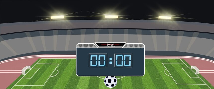 Night football stadium, lights at night and stadium, soccer football stadium spotlight and scoreboard 