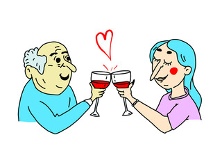 A man and a woman with glasses of wine, the woman has closed eyes, a red heart flies over the glasses