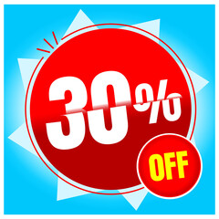 Discount Tag 30% OFF tag in red text or discount in white and yellow color, light blue background.
Tag for promotional discount.