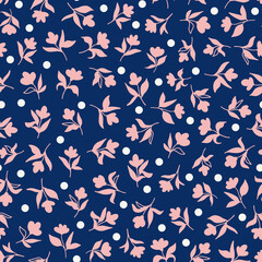 Flowers with leaves and polka dots seamless repeat pattern. Random placed, vector botanical wild flowers all over surface print on dark blue background.
