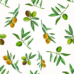 Seamless watercolor olive pattern. Green olives hand drawn in watercolor. Oil cosmetics. Organics. Olive oil. Greece. Spain. Italy.