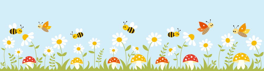 Flower garden. Panoramic background with daisies, mushrooms, bees, butterflies, plants and grass. Vector illustration.