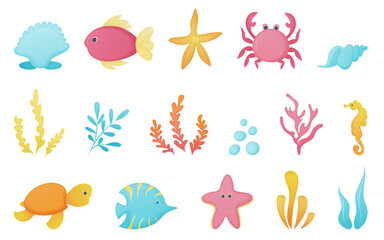 Underwater life cartoon characters set.