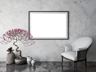 White mock-up in a modern indoor scene. Picture frame hanging on a concrete wall. 3D Rendering