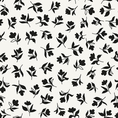 Flowers with leaves seamless repeat pattern. Random placed, vector minimal botany all over print on white background.
