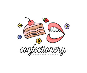Piece cake, lips and mouth, flowers and berries, logo design. Food, meal, confectionery, pastry and bakery, vector design and illustration