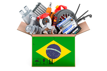 Brazilian flag painted on the parcel with car parts. 3D rendering