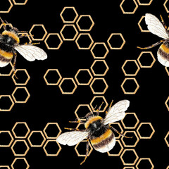 Pattern Honeycomb and bee on a black background. Collecting honey