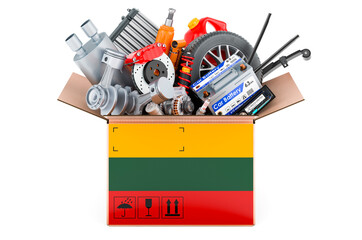 Lithuanian flag painted on the parcel with car parts. 3D rendering