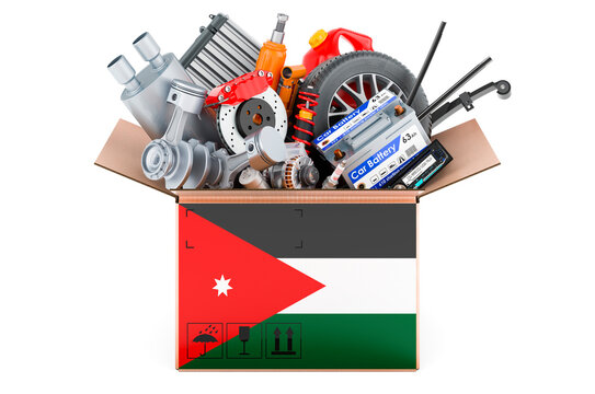 Jordanian flag painted on the parcel with car parts. 3D rendering