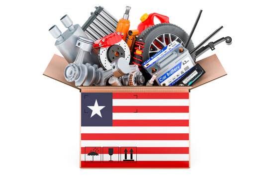 Liberian flag painted on the parcel with car parts. 3D rendering
