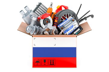 Russian flag painted on the parcel with car parts. 3D rendering