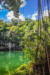 Exit from the water cave in the jungle to a small lake surrounde