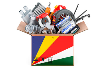 Seychelloise flag painted on the parcel with car parts. 3D rendering