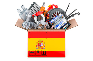 Spanish flag painted on the parcel with car parts. 3D rendering