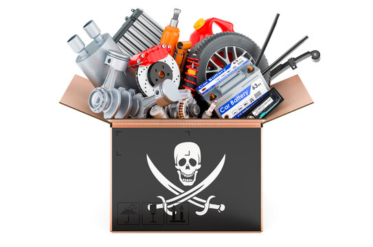 Piracy flag painted on the parcel with car parts. 3D rendering