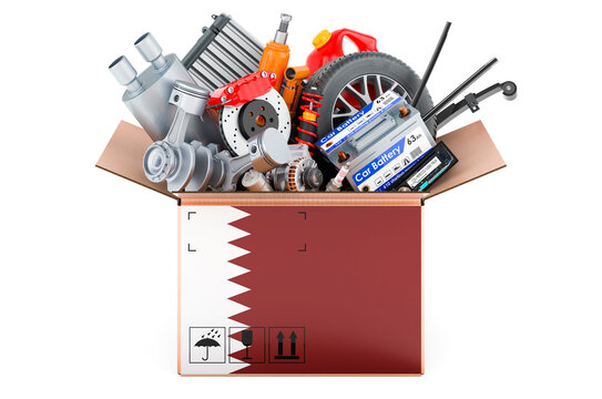 Qatari flag painted on the parcel with car parts. 3D rendering