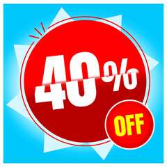 Discount Tag 40% OFF tag in red text or discount in white and yellow color, light blue background.
Tag for promotional discount.