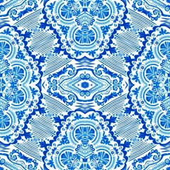 Blue white watercolor azulejos tile background. Seamless coastal geometric floral mosaic effect. Ornamental arabesque all over summer fashion damask repeat