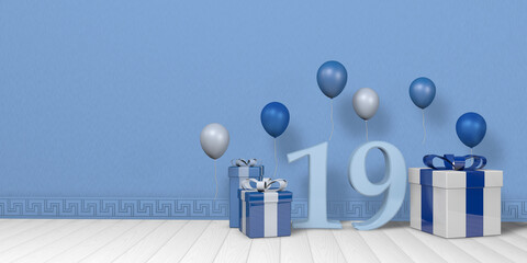 Light blue number 19 among blue and white gift boxes adorned with balloons on white wood floor with pastel blue wall background. 3D Illustration
