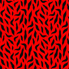 seamless pattern with a silhouette of black leaves on a red background. Pattern with abstract leaves. A mottled abstract pattern with the texture of an animal