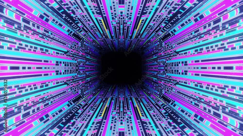 Poster 4k seamless looped animation. fly through mirror symmetrical tunnel with neon pattern, sci fi glow p