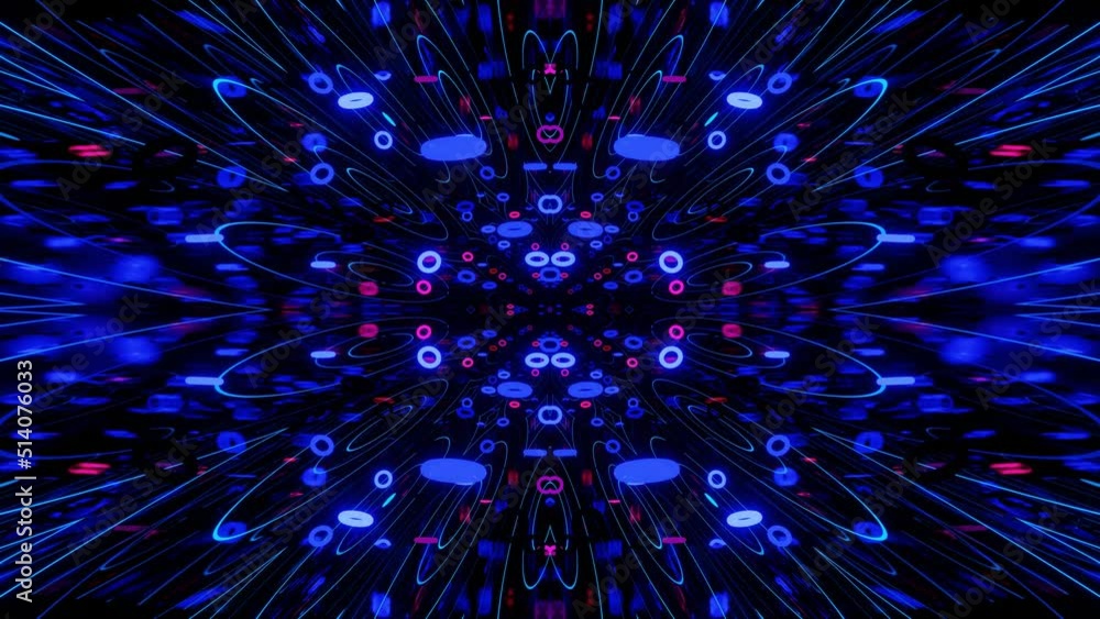 Poster kaleidoscopic neon abstract background. vj loop neon light abstract symmetrical composition