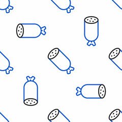 Line Salami sausage icon isolated seamless pattern on white background. Meat delicatessen product. Colorful outline concept. Vector