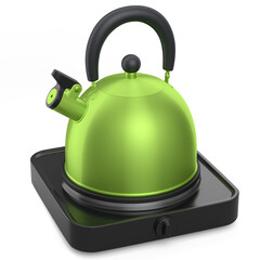 Portable camping electric stove and kettle with whistle on white background.