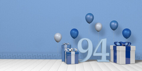 Light blue number 94 among blue and white gift boxes adorned with balloons on white wood floor with pastel blue wall background. 3D Illustration