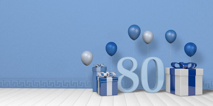 Light blue number 80 among blue and white gift boxes adorned with balloons on white wood floor with pastel blue wall background. 3D Illustration