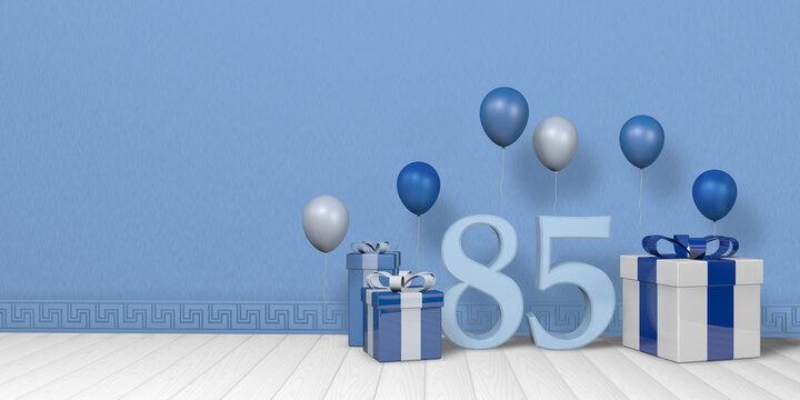 Light blue number 85 among blue and white gift boxes adorned with balloons on white wood floor with pastel blue wall background. 3D Illustration