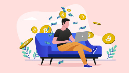 Bitcoin investor trading crypto currency on laptop computer in sofa at home and making money. Flat design vector illustration