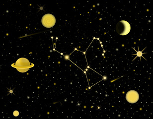 Orion galaxy illustration golden stars in black background