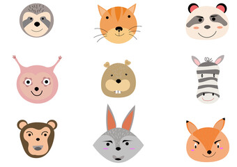 Set of animal heads collection.Characters portrait cute animal faces on white background.portraits,
Emoji funny animal, Logo, sticker,Kawaii,Vector Funny cartoon and animal heads concept.