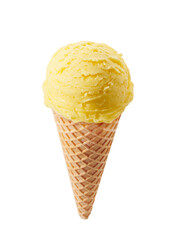 Mango ice cream scoop with cone isolated on white background