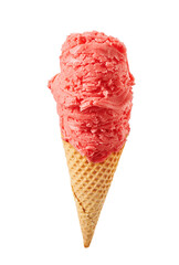 Cherry ice cream scoops with cone isolated on white background