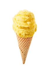 Mango ice cream scoop with cone isolated on white background