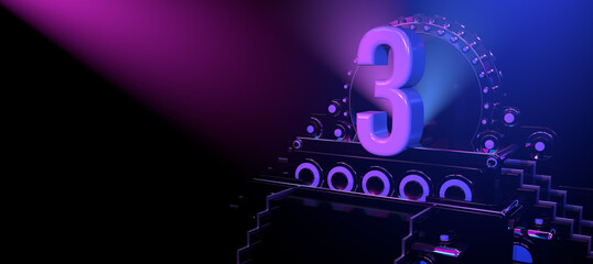 Solid number 3 on a reflective black stage illuminated with blue and red lights against a black background. 3D Illustration