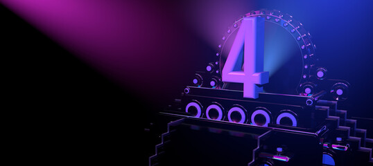 Solid number 4 on a reflective black stage illuminated with blue and red lights against a black background. 3D Illustration