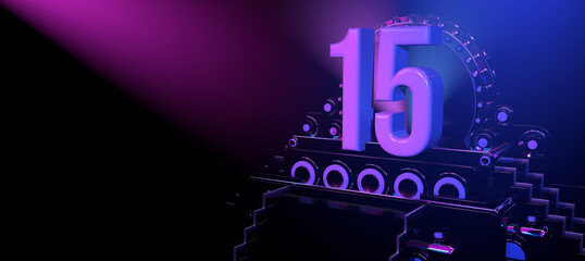 Solid number 15 on a reflective black stage illuminated with blue and red lights against a black background. 3D Illustration