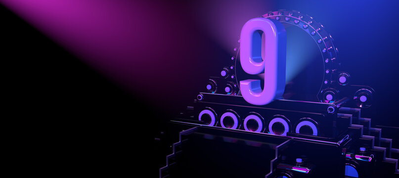 Solid number  9 on a reflective black stage illuminated with blue and red lights against a black background. 3D Illustration