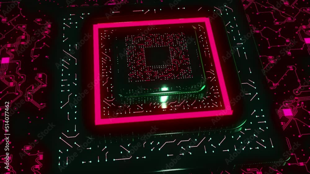 Aufkleber 3d chip with neon lines. motion. large motherboard on futuristic neon background. technological comp