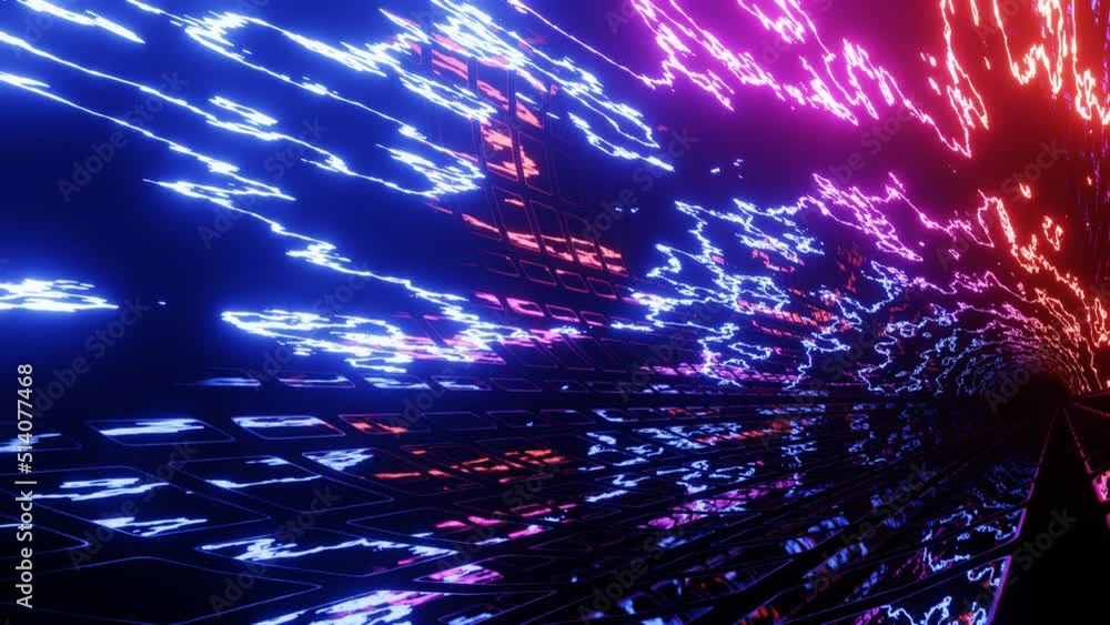 Poster hi-tech neon sci-fi tunel. trendy neon glow lines form pattern and construction in mirror tunnel. ne