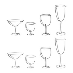 A set of glasses in one line, a glass of champagne in one line, a martini glass, wine in one line