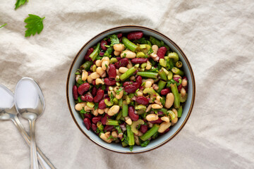 Homemade Three Bean Salad in a Bowl, top view. Flat lay, overhead, from above.