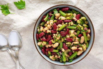 Homemade Three Bean Salad in a Bowl, top view. Flat lay, overhead, from above.